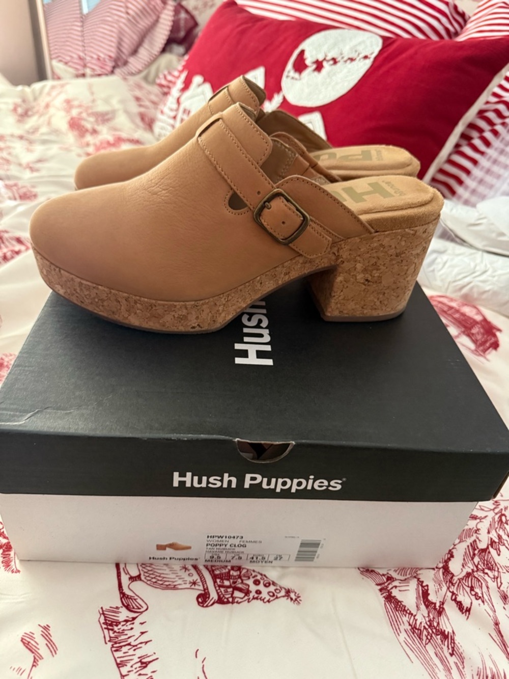 Hush Puppies Poppy Tan Suede Cork-Block Heel Clogs, 9.5